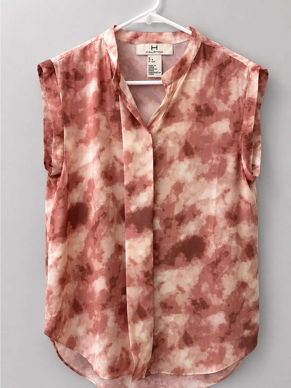 Halston Heritage Blush Pink Tie Dye Sleeveless Blouse Tie Neck Boho S
